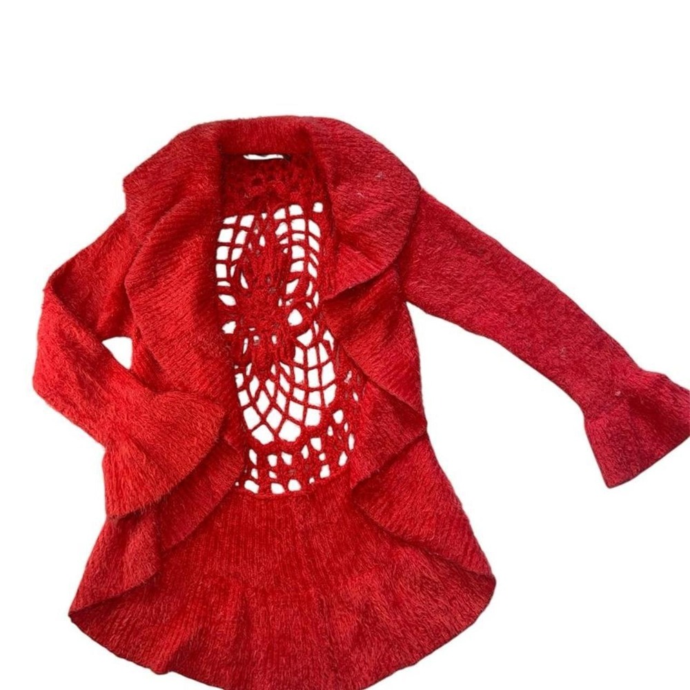 Urban Mango Red Fuzzy Knit Crochet Back Cardigan Bell Sleeve Open Front XL